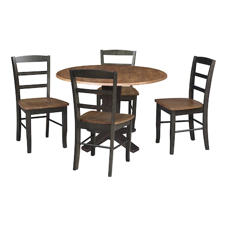 International Concepts 42 in. Solid Wood Round Drop Leaf Pedestal Table with 4 Dining Chairs in Hickory/Washed Coal K45-42DPT-23B-C2-4
